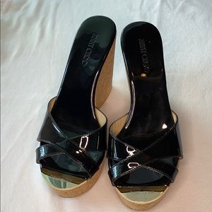 Jimmy Choo Black Patent Cork Wedge Sandal Size 37
